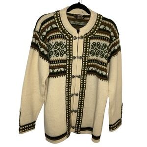 Vintage Norlander Wool Nordic Cardigan Metal Clasp Norway Snowflake Cream Green